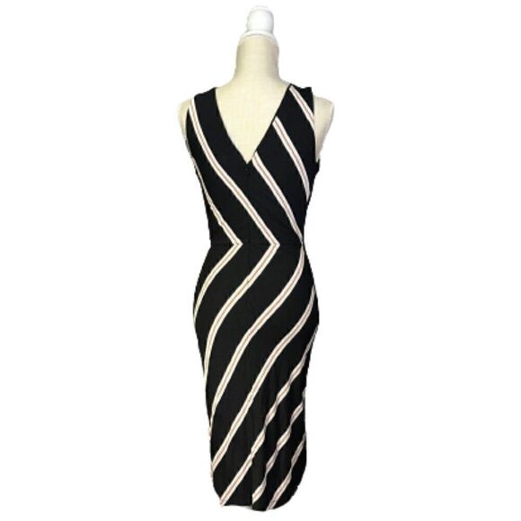 White House Black Market Black Tan/Ivory Stripe Stretch Bodycon Ruched Sz 4 - Picture 2 of 4
